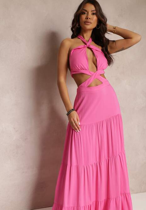 Fuksjowa Rozkloszowana Sukienka z Wiskozy z Wiązaniem i Wycięciami Kailen