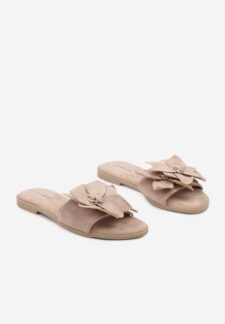 Różowe Klapki z Ekozamszu na Płaskiej Podeszwie z Ozdobnym Kwiatem Ellesara