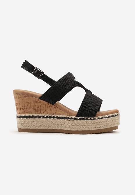 Czarne Sandały z Ozdobnym Paskiem na Koturnie Korkowym z Plecionką Dalarrna