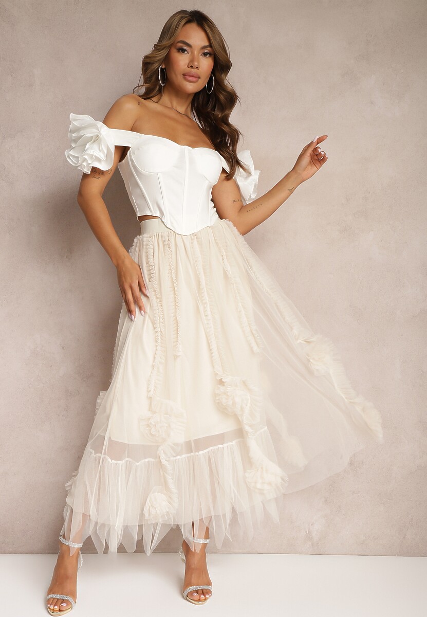 Jasnobeżowa Spódnica High Waist z Gumką w Talii o Siateczkowym Wykończeniu Vikkissa