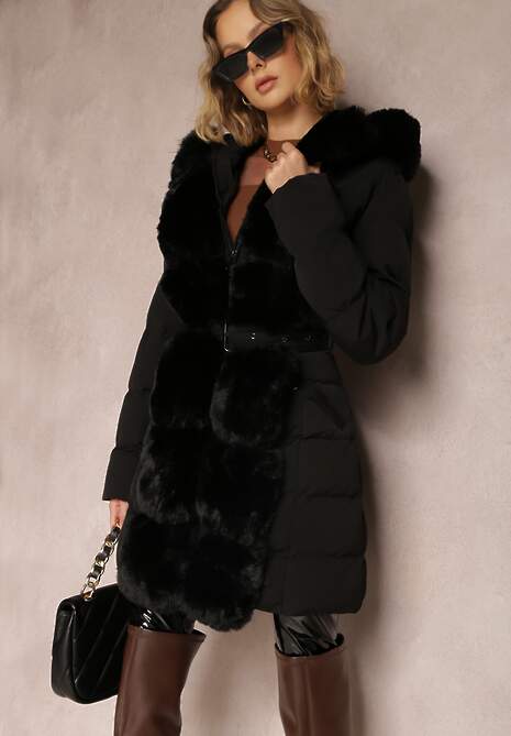 Czarna Kurtka Pikowana z Futerkiem Kove
