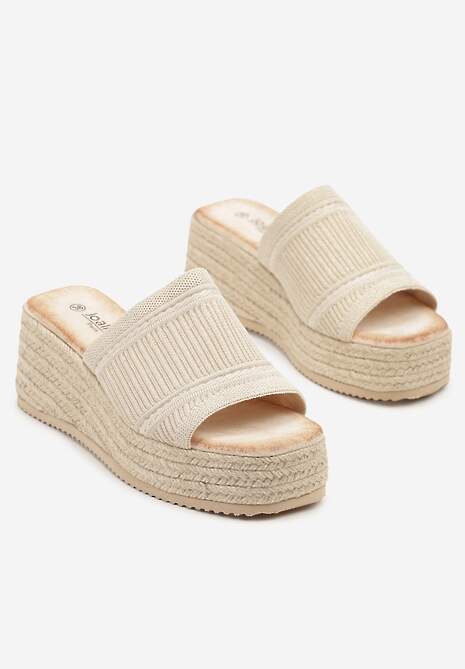Beżowe Klapki na Koturnie z Plecionki z Metalicznymi Przeszyciami Telarosea