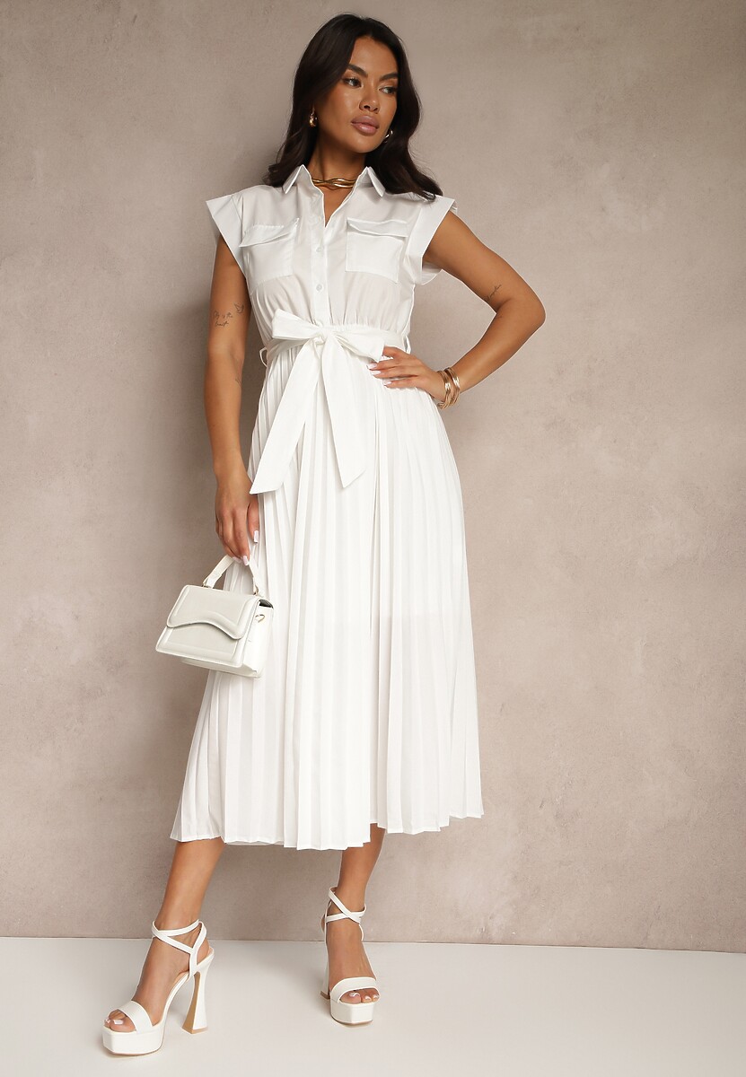 Biała Sukienka Plisowana z Bawełną Ozdobiona Paskiem Lirabelle
