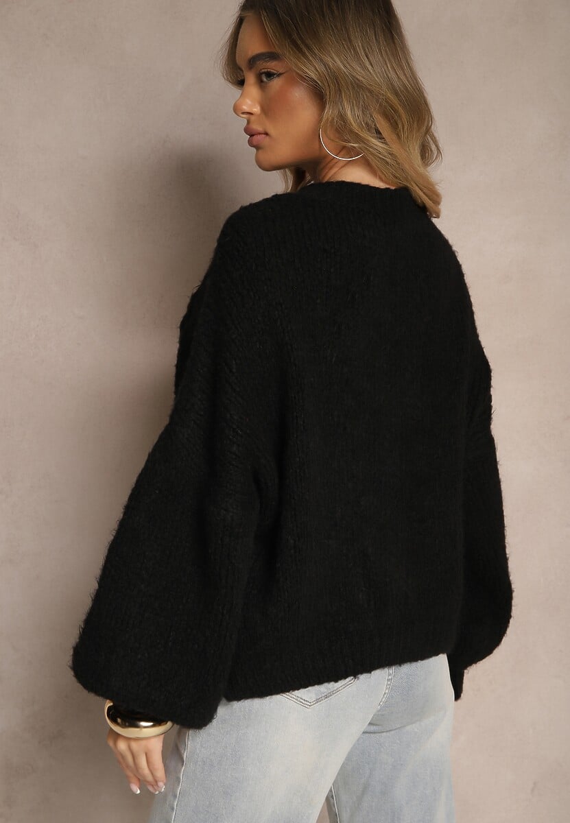 Czarny Sweter z Wełną o Eleganckim Warkoczowym Splotem Makkaria