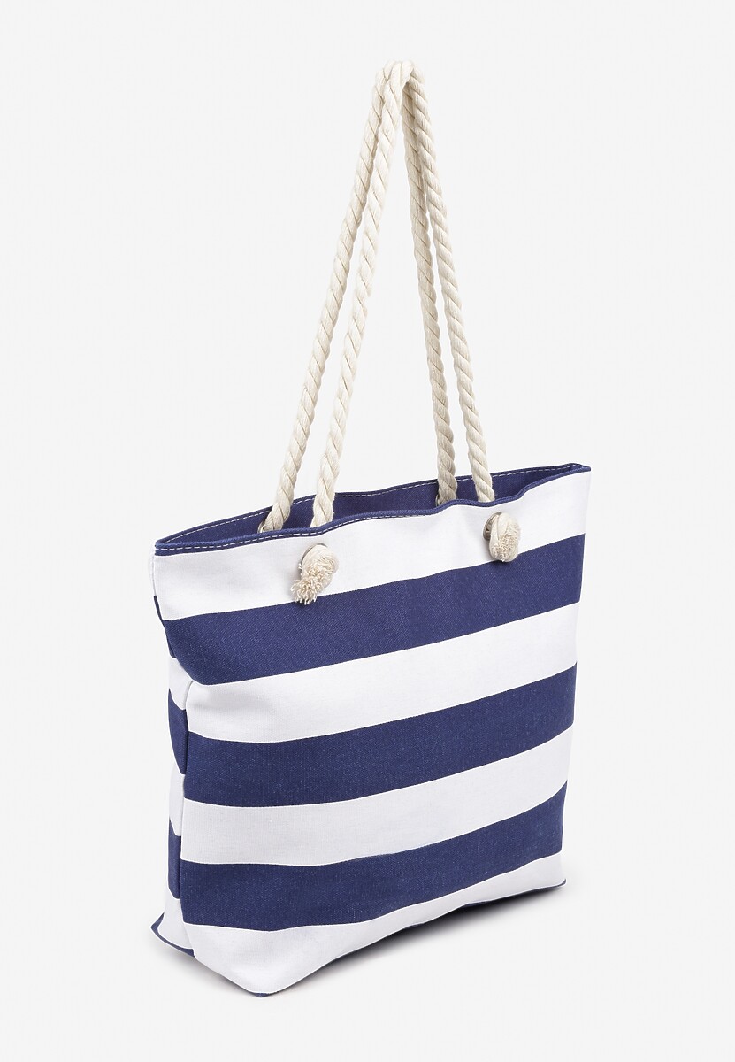 Granatowa Torebka Ozdobiona Sznurkiem Napisami i Paskami Revandellea