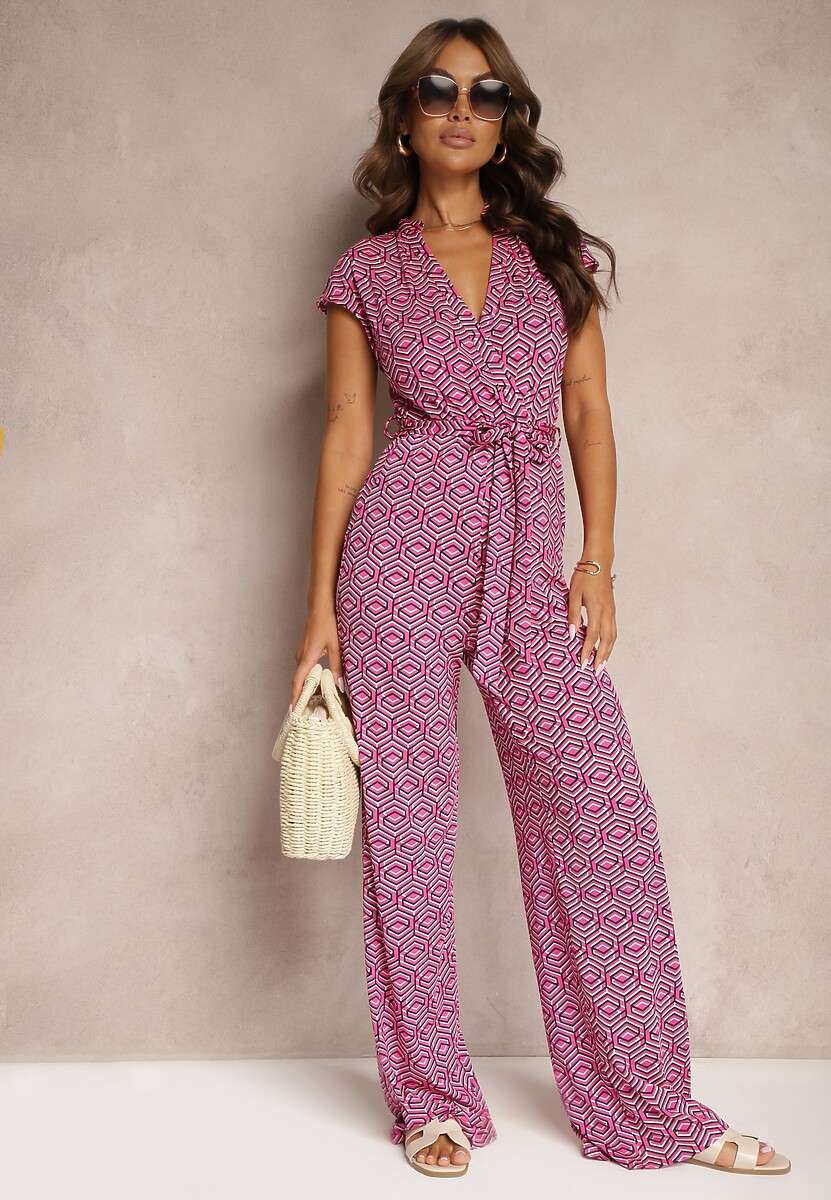 Fuksjowy Kombinezon z Dodatkiem Wiskozy z Wiązaniem w Talii w Geometryczny Wzór Trosofia