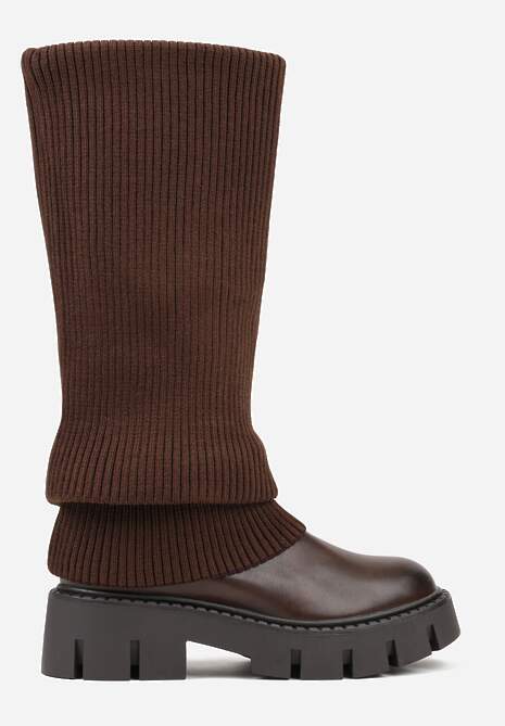 Brązowe Kozaki Chunky z Dzianinową Cholewką Imitującą Nogawkę Fenema