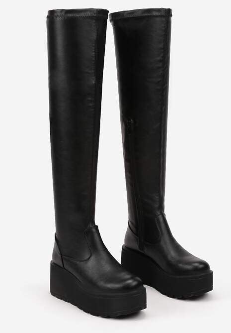 Czarne Casualowe Kozaki na Platformie i Koturnie z Ekoskóry z Dopasowaną Cholewką Erissia