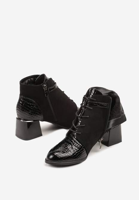 Czarne Botki Vices Typu Trzewiki na Słupku z Lakierowanymi Wstawkami i Klamrą Madvira