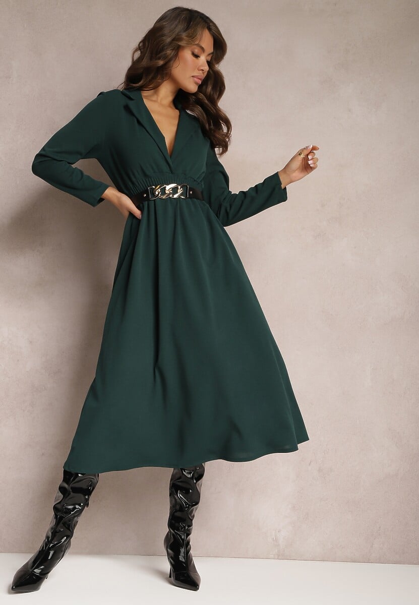 Ciemnozielona Sukienka Midi o Rozkloszowanym Fasonie z Trójkątnym Dekoltem i Gumką w Pasie Lunaia
