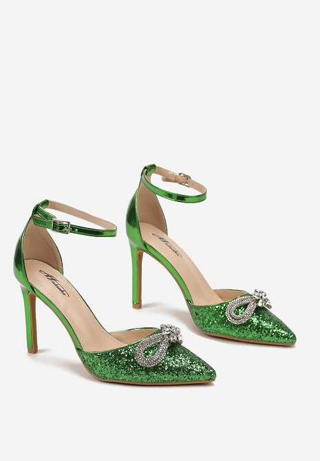 Zielone Brokatowe Szpilki z Ozdobną Kokardką z Cyrkoniami Rithana