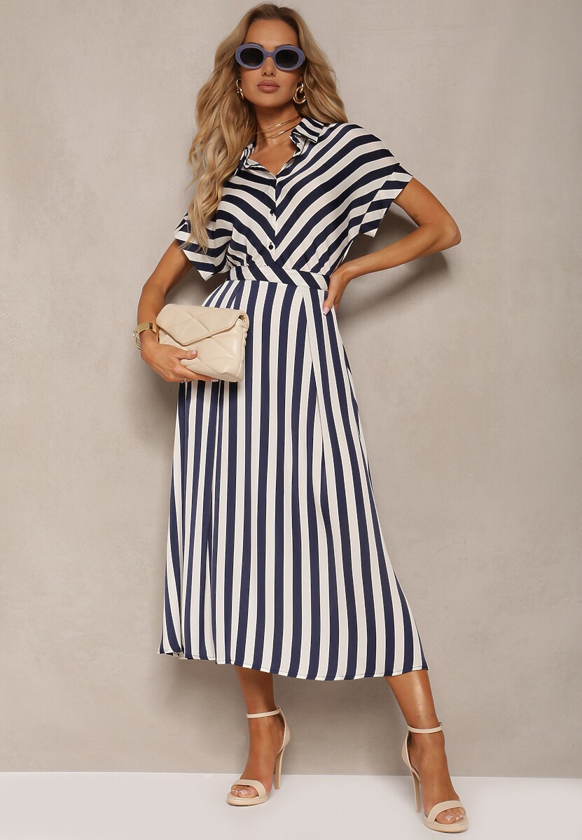 Biało-Granatowa Rozkloszowana Sukienka z Gumką w Talii i Guzikami z Printem w Paski Jentia