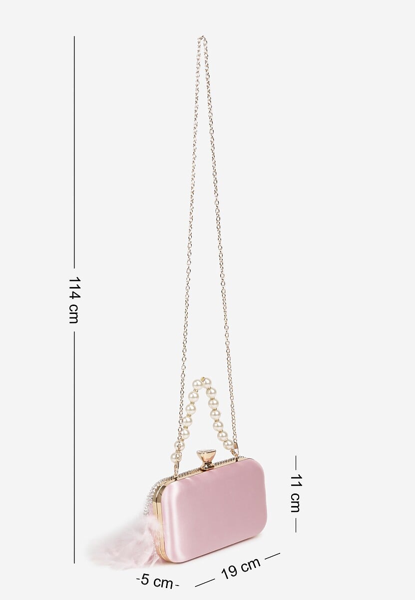 Różowa Torebka Kopertówka Vices z Łańcuszkiem Zdobiona Piórami i Perłami Fessoria