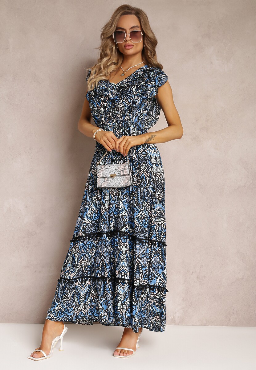 Granatowo-Czarna Wiskozowa Sukienka Maxi z Pomponami i Gumką w Talii Belmona