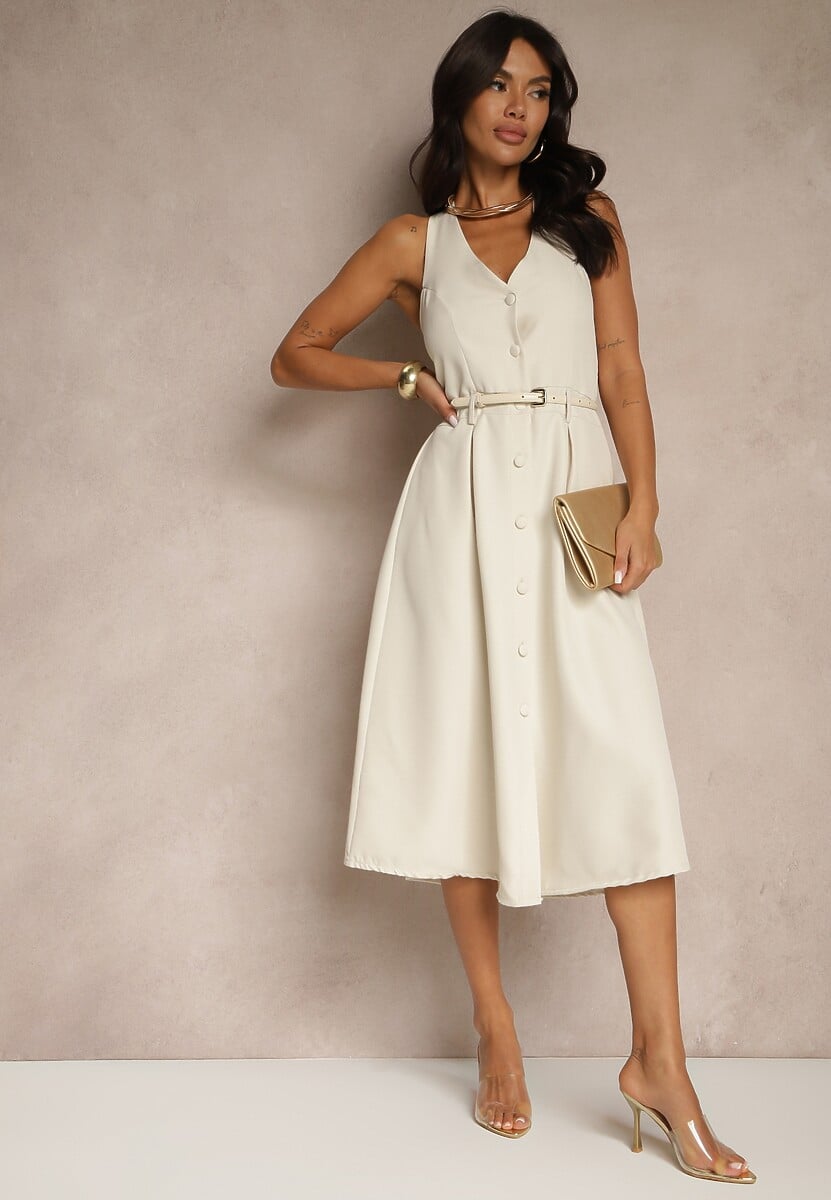 Biała Rozkloszowana Sukienka z Guzikami Folunira