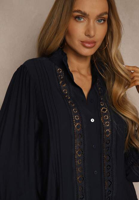 Granatowa Koszula ze Stójką i Koronką Phaeninca