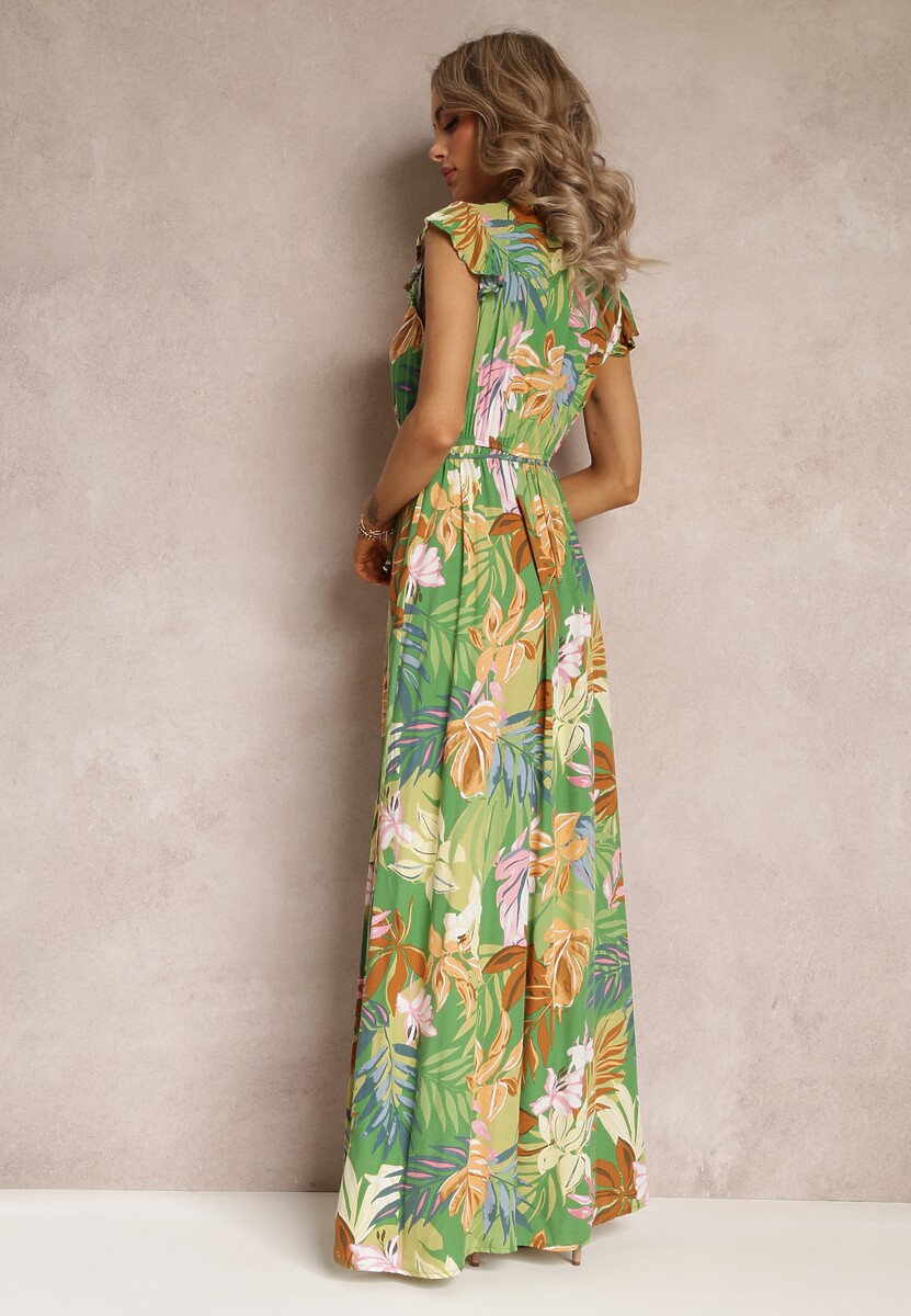Zielona Rozkloszowana Sukienka Maxi z Wiskozy w Kwiaty Shalu