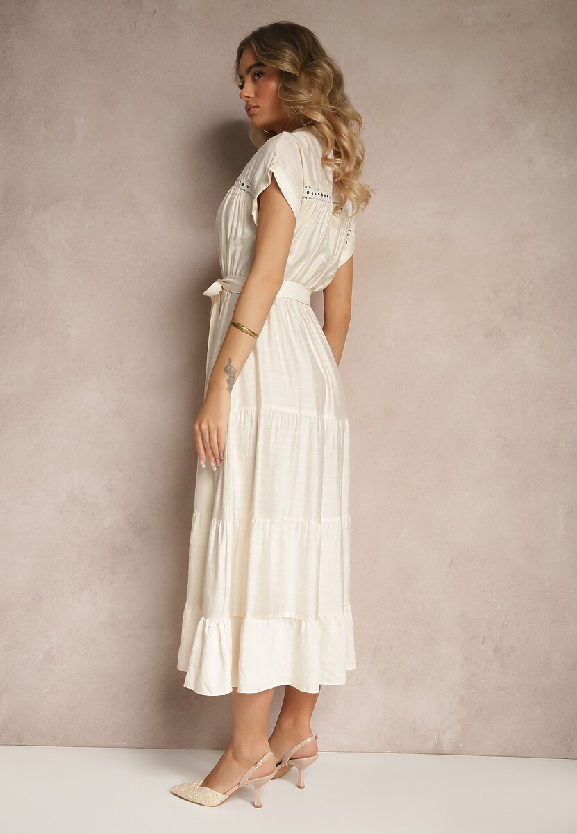 Beżowa Rozkloszowana Sukienka z Wiskozy z Wiązanym Paskiem Olissare