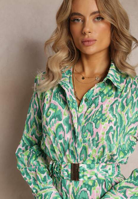 Zielona Wzorzysta Sukienka z Kołnierzykiem i Dodatkowym Paskiem Verenice