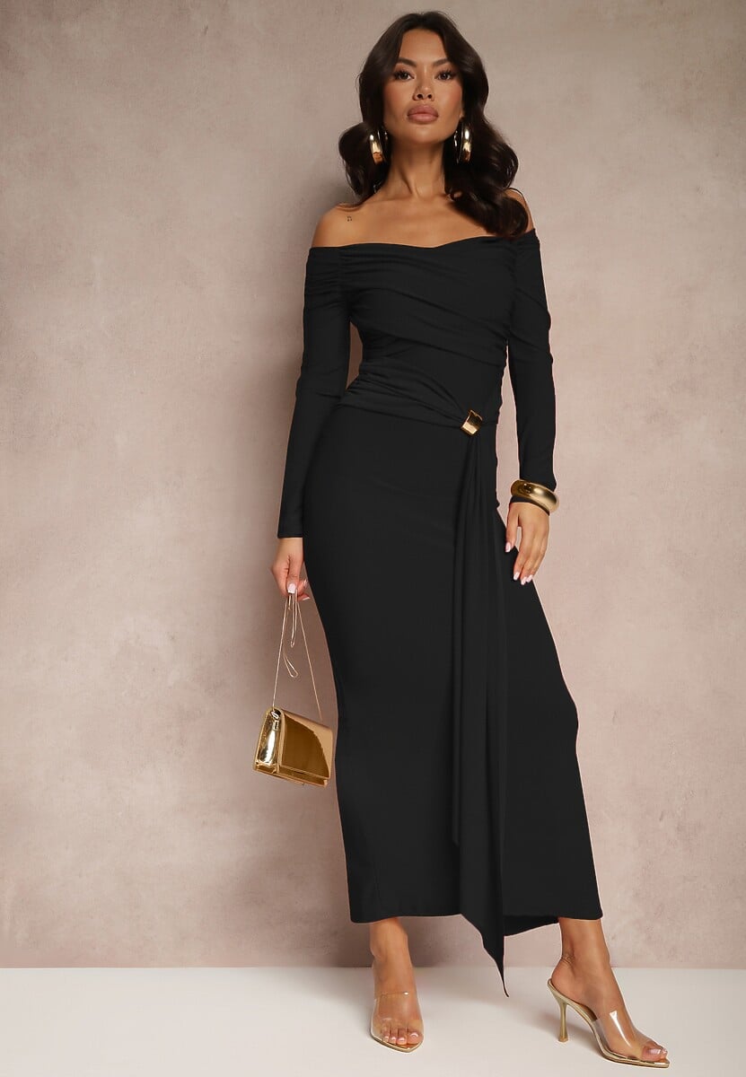 Czarna Marszczona Sukienka o Dopasowanym Kroju z Trenem i Rozcięciem Aluilea