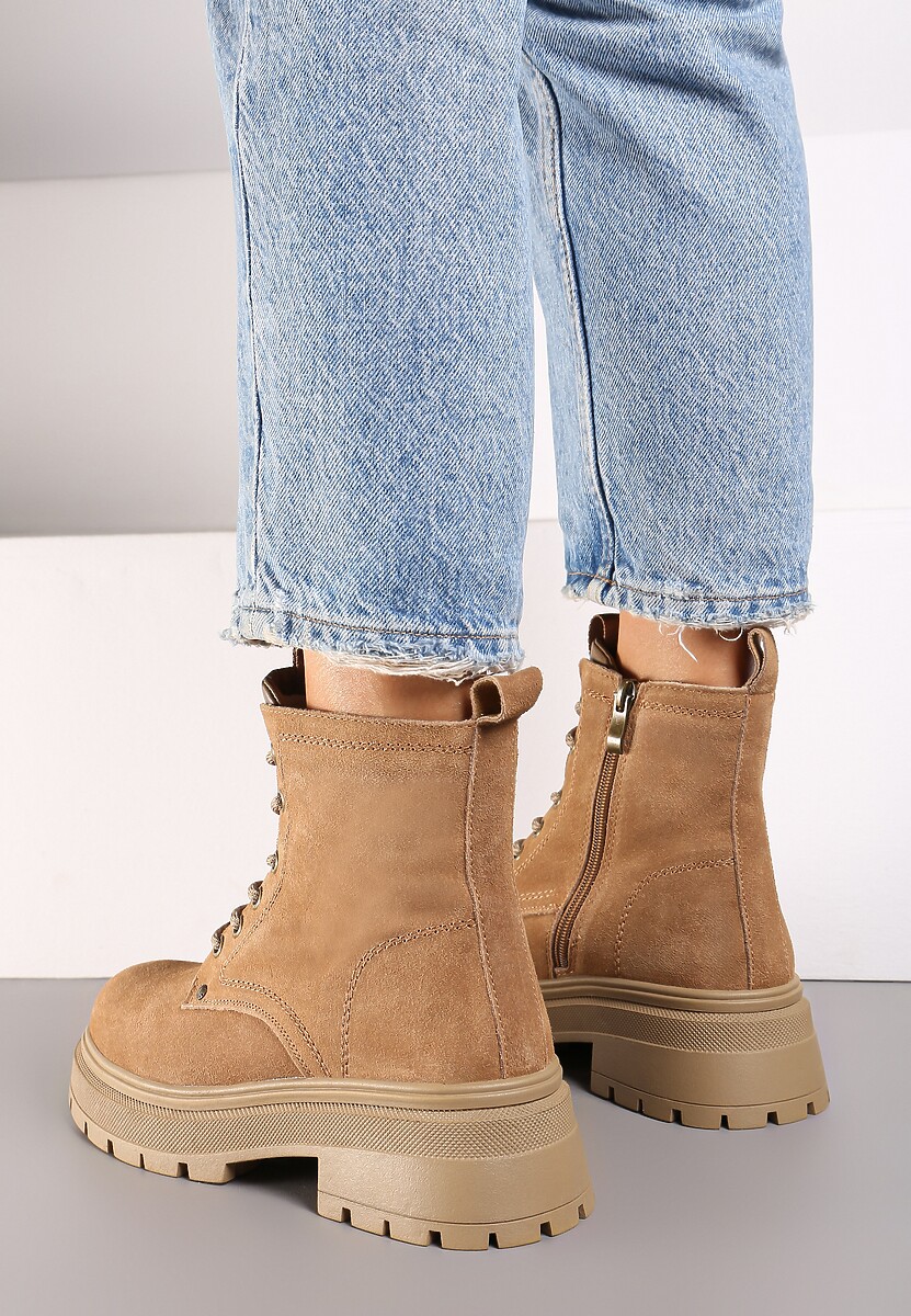 Brązowe Skórzane Botki Workery Ocieplone Futerkiem Enariva