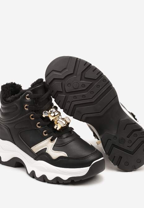 Czarne Sznurowane Sneakersy na Płaskiej Podeszwie za Kostkę z Aplikacjami Misiów Temisza