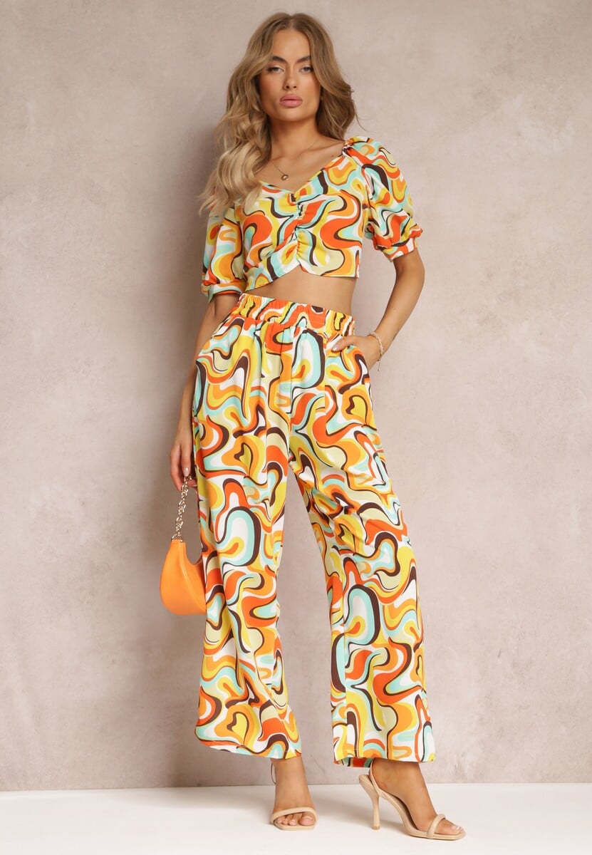 Żółty 2-częściowy Komplet Top z Marszczeniami i Szerokie Spodnie Alesi