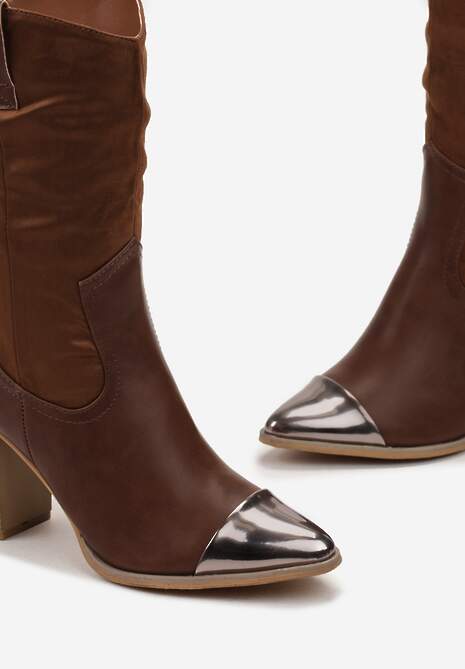 Brązowe Botki Kowbojki na Obcasie z Metalicznym Noskiem w Szpic Cascatha