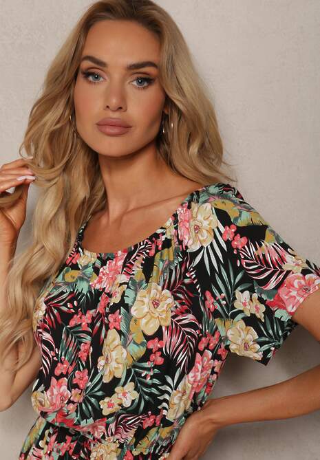 Czarn-Różowa Sukienka z Bawełny w Kwiatowy Print Dimizama