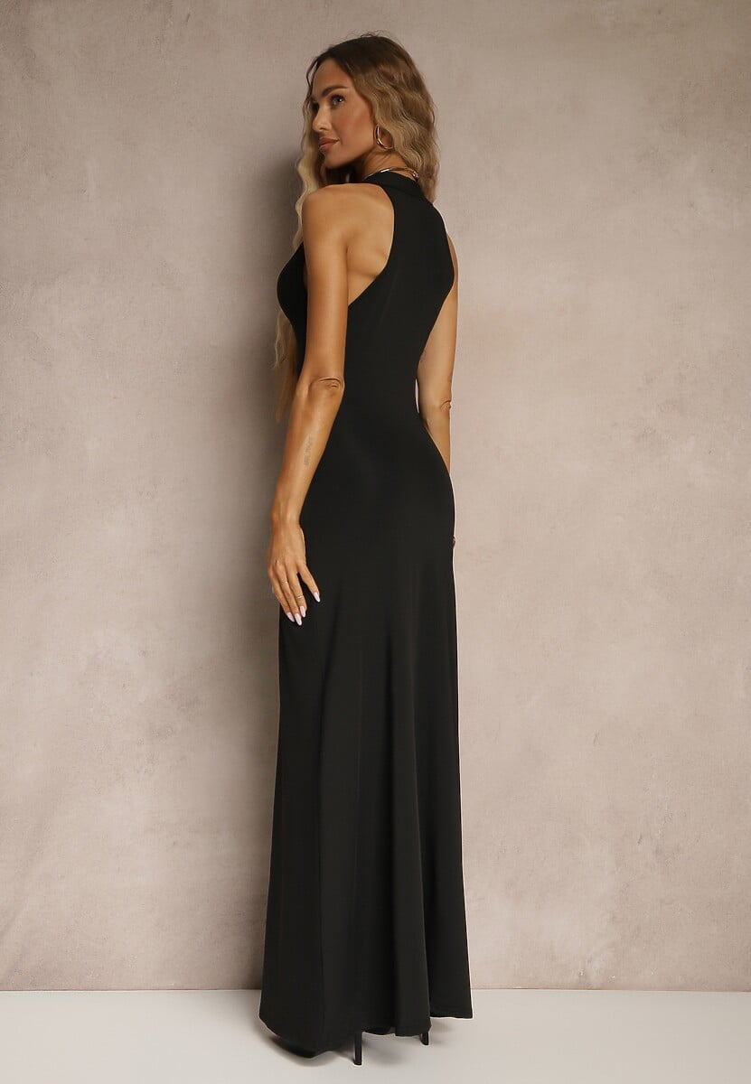 Czarna Marszczona Sukienka z Wiskozą o Rozkloszowanym Fasonie Bez Rękawów Folonea