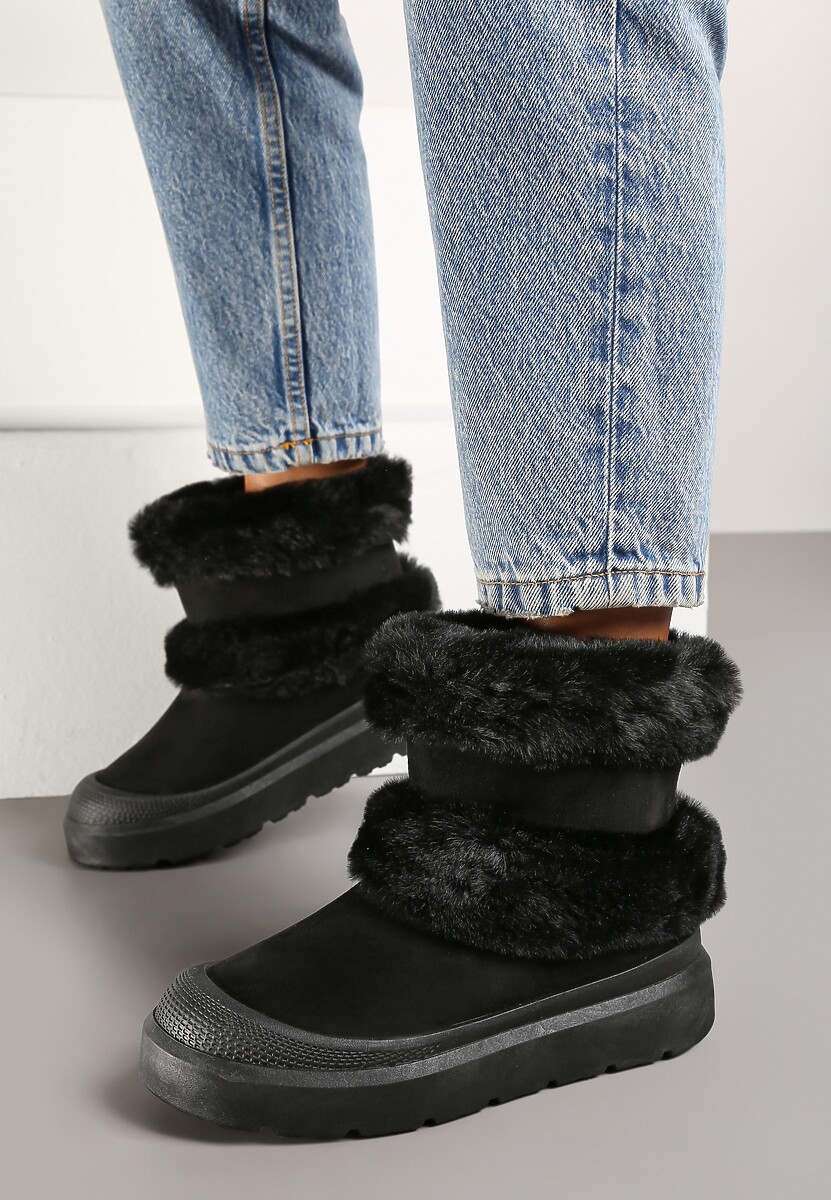 Czarne Śniegowce z Ekozamszu na Grubej Podeszwie z Futrzaną Wyściółką Emmizola