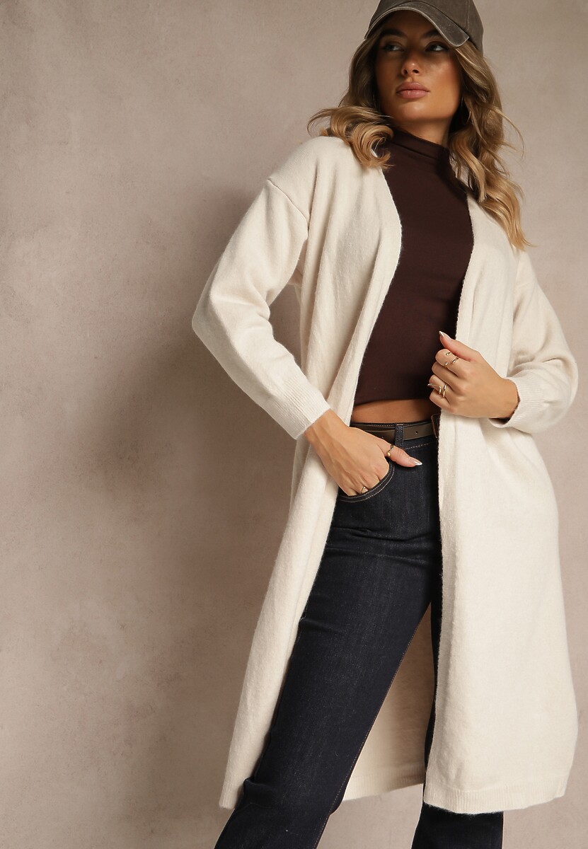 Biały Niezapinany Casualowy Kardigan z Wełną o Długim Kroju Zozita