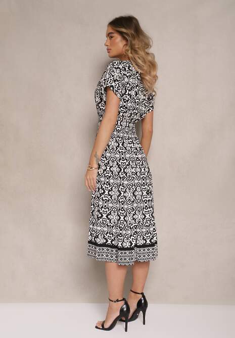 Biało-Czarna Rozkloszowana Sukienka z Bawełny w Print Paisley Lanarisa