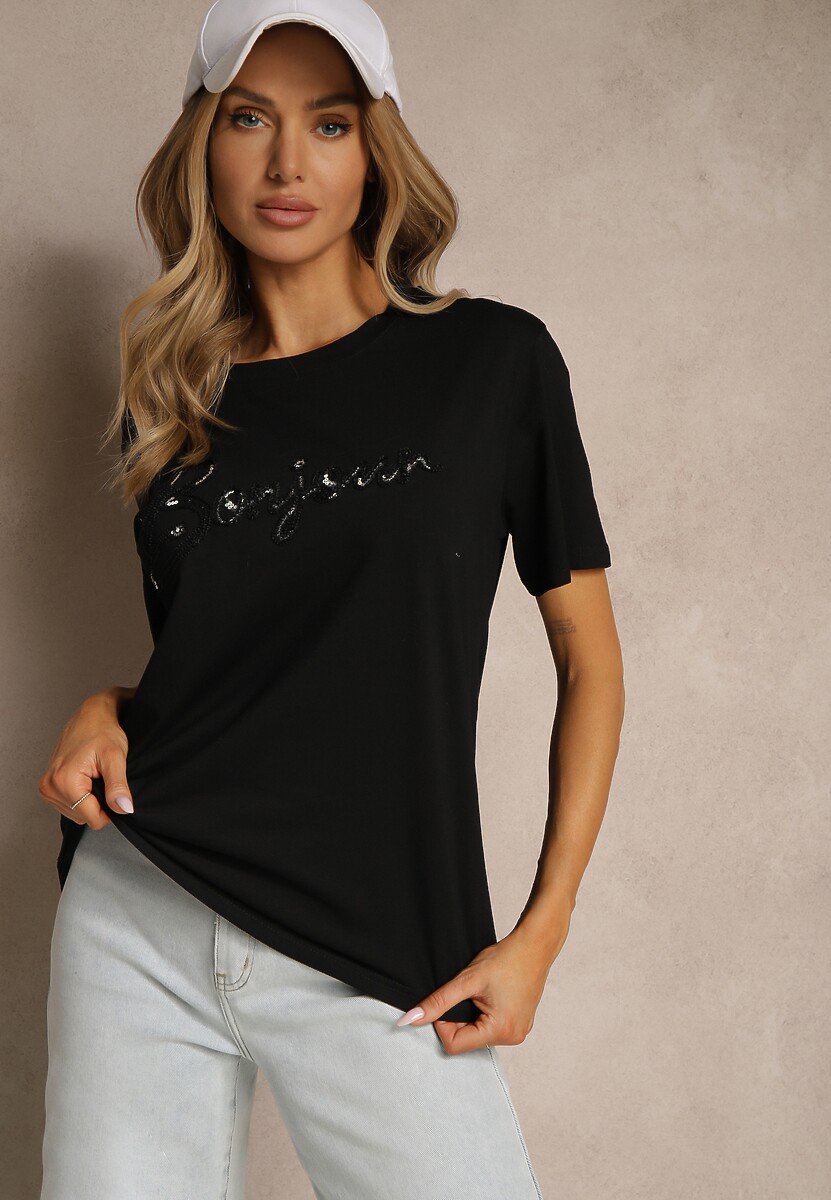 Czarny Bawełniany T-shirt Zdobiony Haftowanym Napisem z Cekinami Ulionis