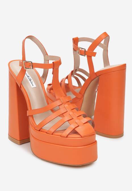 Pomarańczowe Sandały na Wysokim Słupku i Platformie z Kwadratowym Noskiem i Sprzączką Lakota