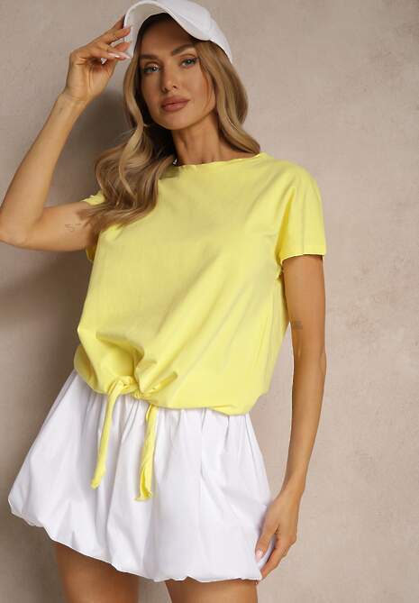 Żółty Bawełniany T-shirt Wiązany u Dołu Sunalina