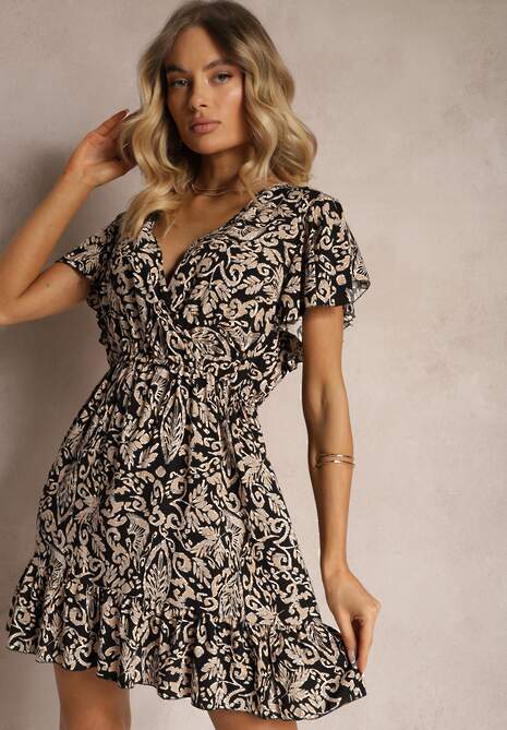 Czarno-Beżowa Sukienka z Bawełny o Rozkloszowanym Kroju Ozdobiona Falbanami i Gumką w Talii Neliaura