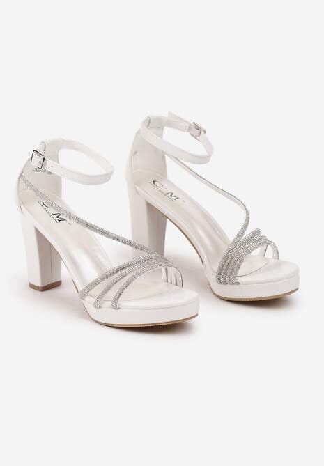 Białe Sandały na Słupku i Platformie z Cyrkoniami Merisandie