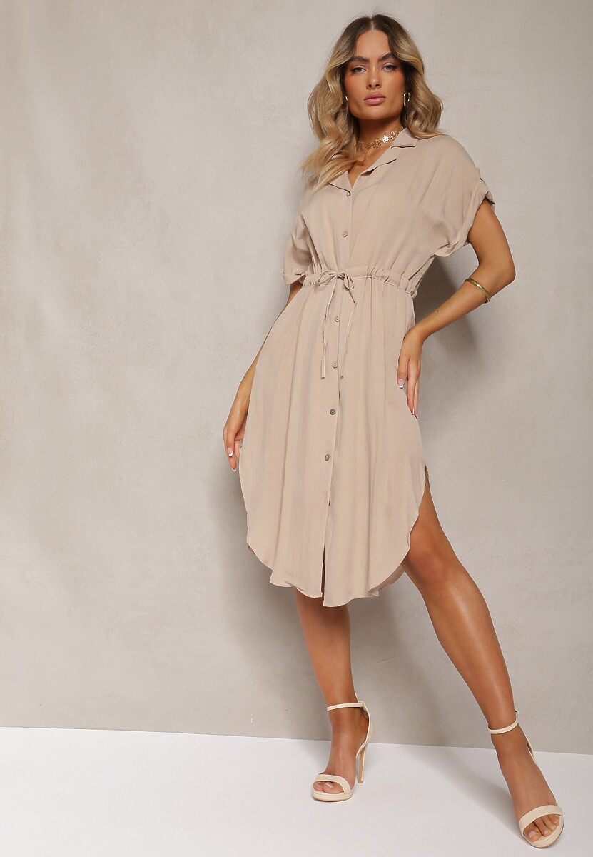 Beżowa Midi Sukienka z Wiskozy na Guzki Ściągana Troczkiem Blamise