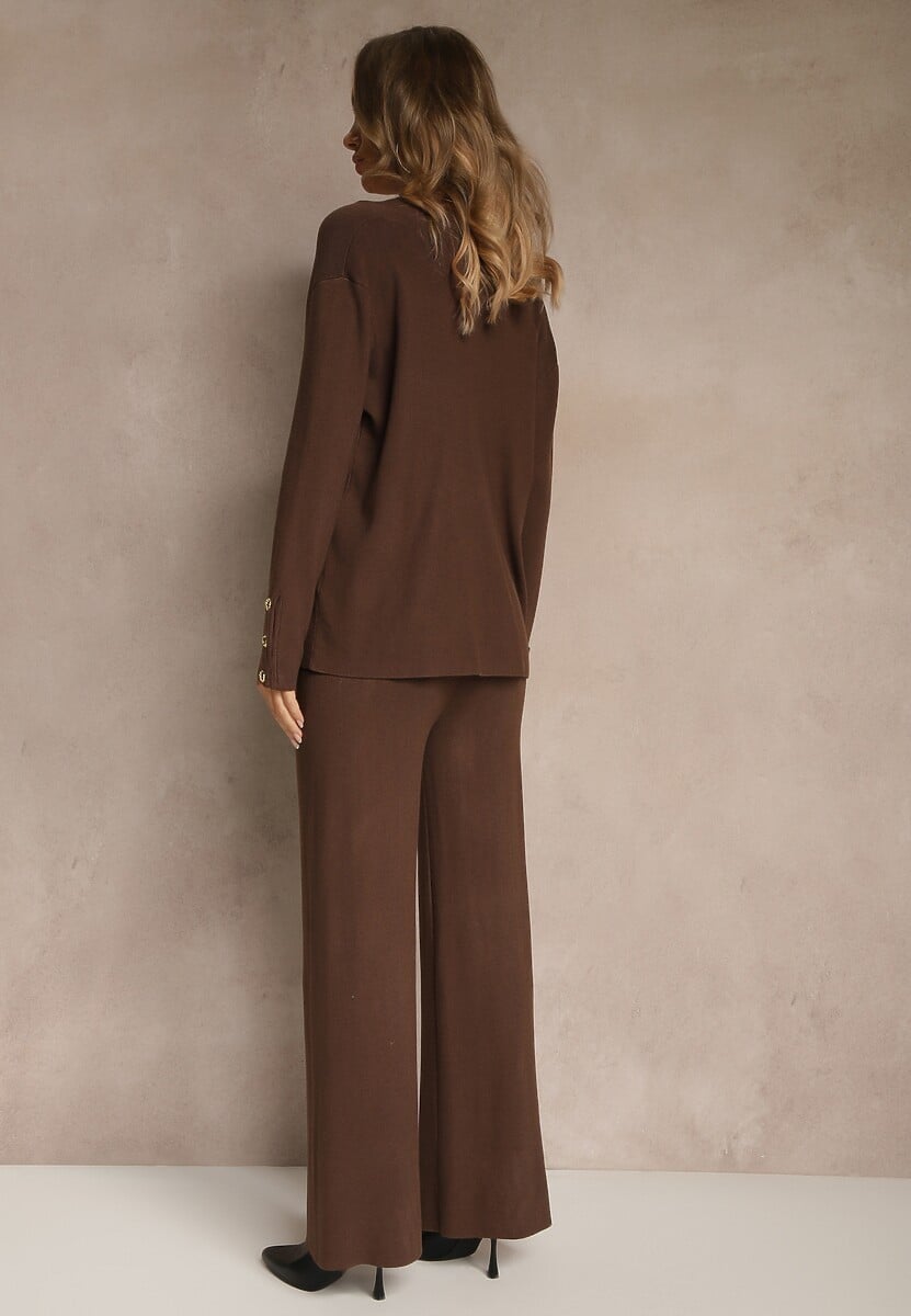 Brązowy Komplet z Dzianiny z Wiskozą Kardigan i Spodnie z Gumką Badrine