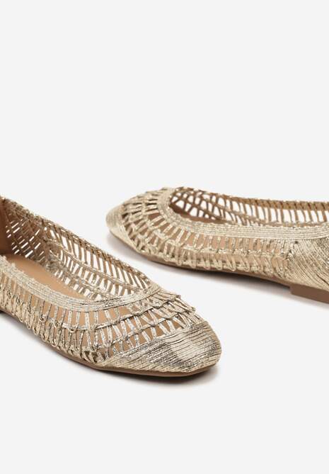 Złote Płaskie Balerinki z Imitacji Skóry o Ażurowym Wykończeniu Yines