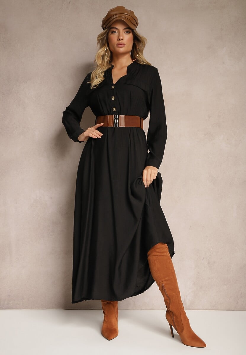 Czarna Koszulowa Sukienka o Rozkloszowanym Kroju z Paskiem i Gumką Zinfretta