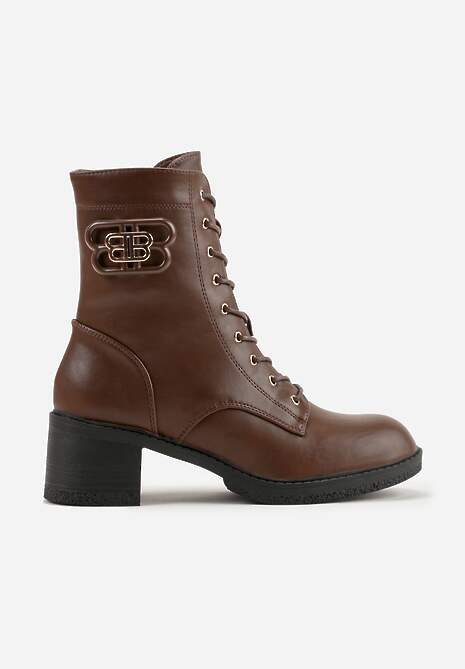 Brązowe Botki Vices o Fasonie Trzewików na Słupku Zdobione Aplikacją Nuvitte