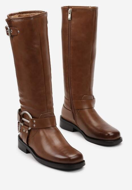 Jasnobrązowe Kozaki Biker z Kwadratowym Noskiem i Ozdobną Klamerką Verveli