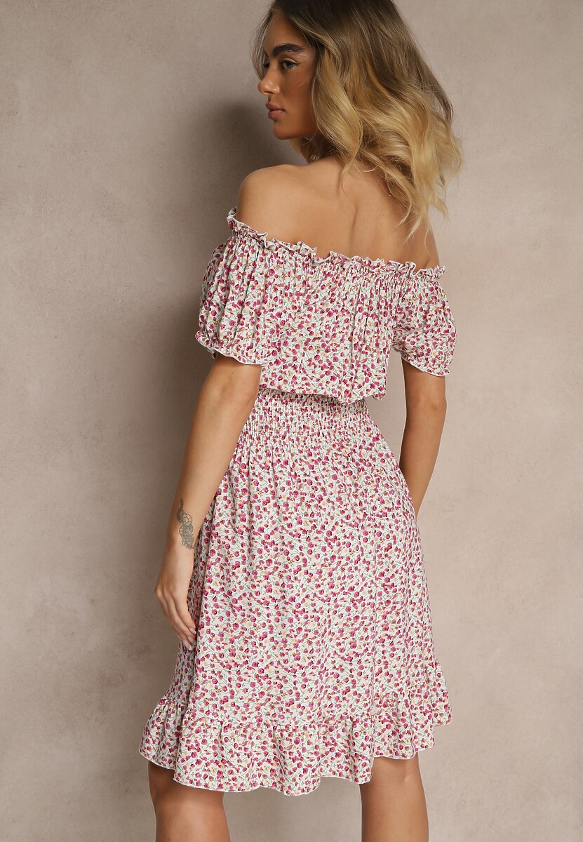 Biało-Czerwona Bawełniana Sukienka z Gumką w Talii o Fasonie Hiszpanki Jazmi