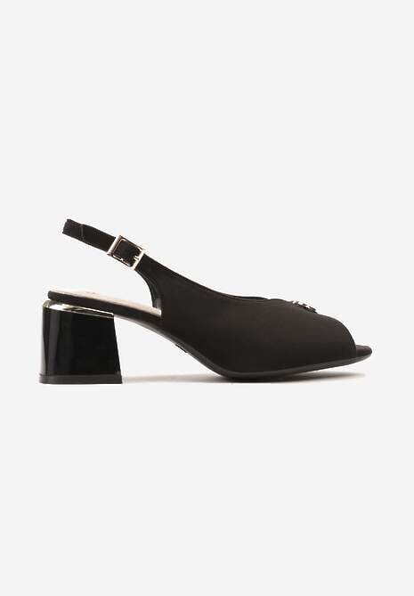 Czarne Sandały na Słupku bez Pięty z Metaliczną Ozdobą Valieha