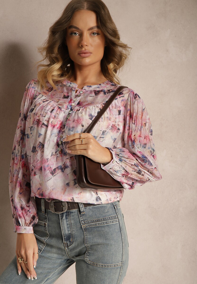 Różowa Bluzka z Wiskozy o Luźnych Rękawach w Abstrakcyjny Wzór Merissta