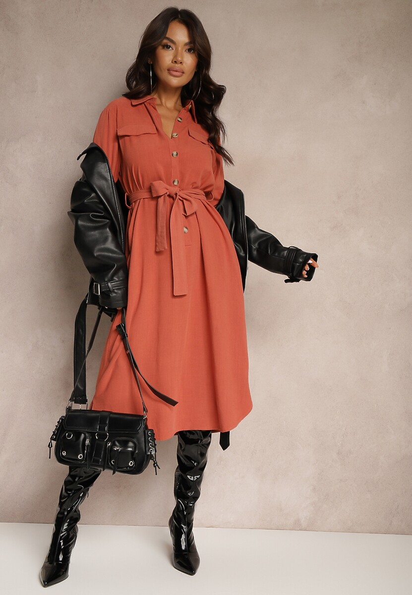 Pomarańczowa Sukienka z Bawełny o Koszulowym Kroju Wiązana w Talii Zinrose