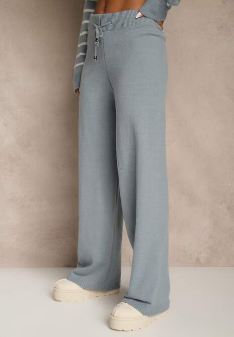 Niebieski Komplet z Bawełną i Wełną Spodnie o Szerokim Kroju i Sweter w Paski Reimeia