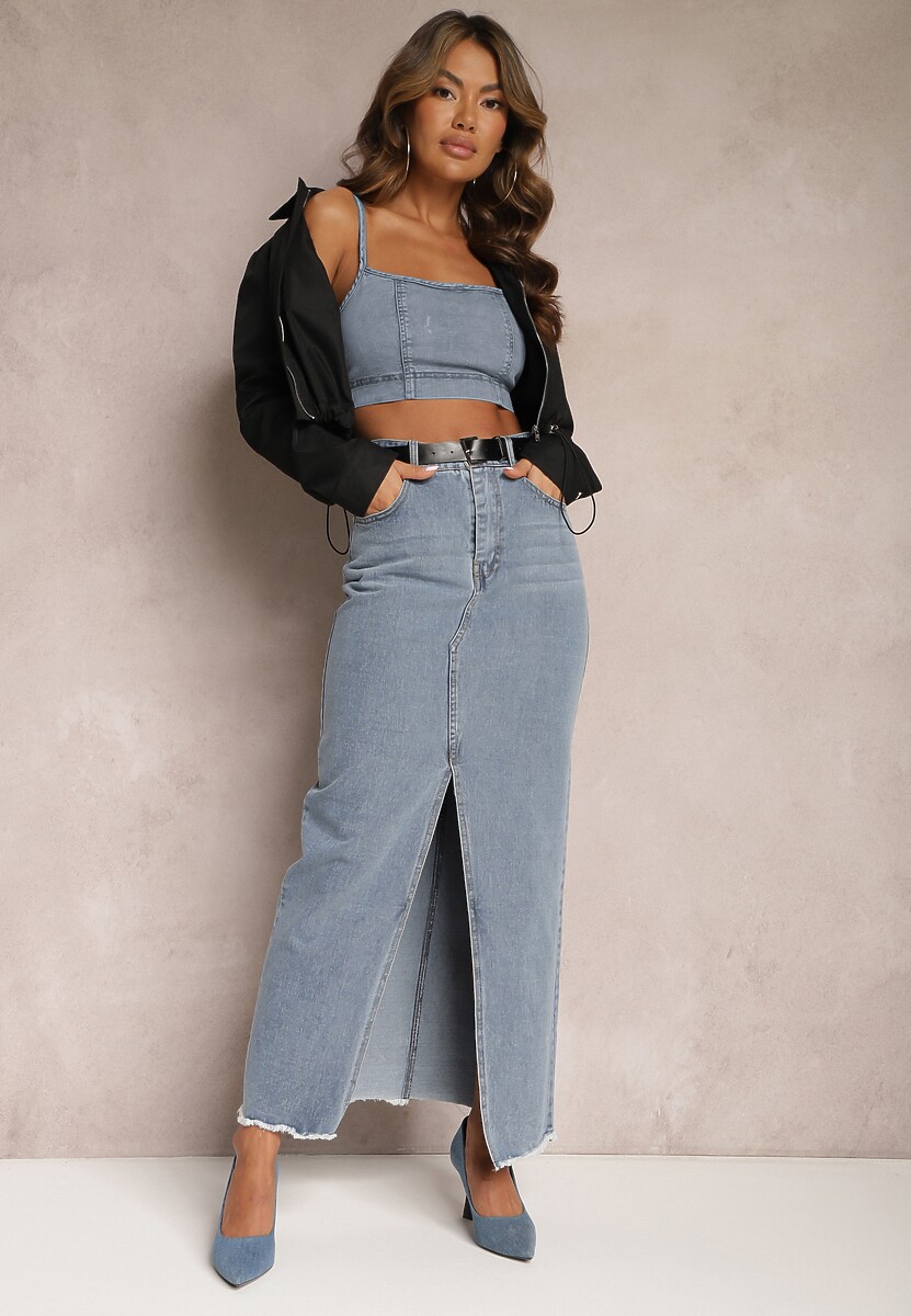 Niebieska Spódnica Jeansowa Maxi z Paskiem Mullese